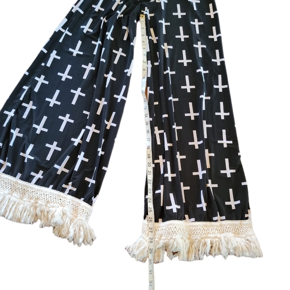 L&B Pant Flare Wide Fringe Botton Leg Cross Print Pull On Elastic Waist Sz Small - Picture 2 of 4